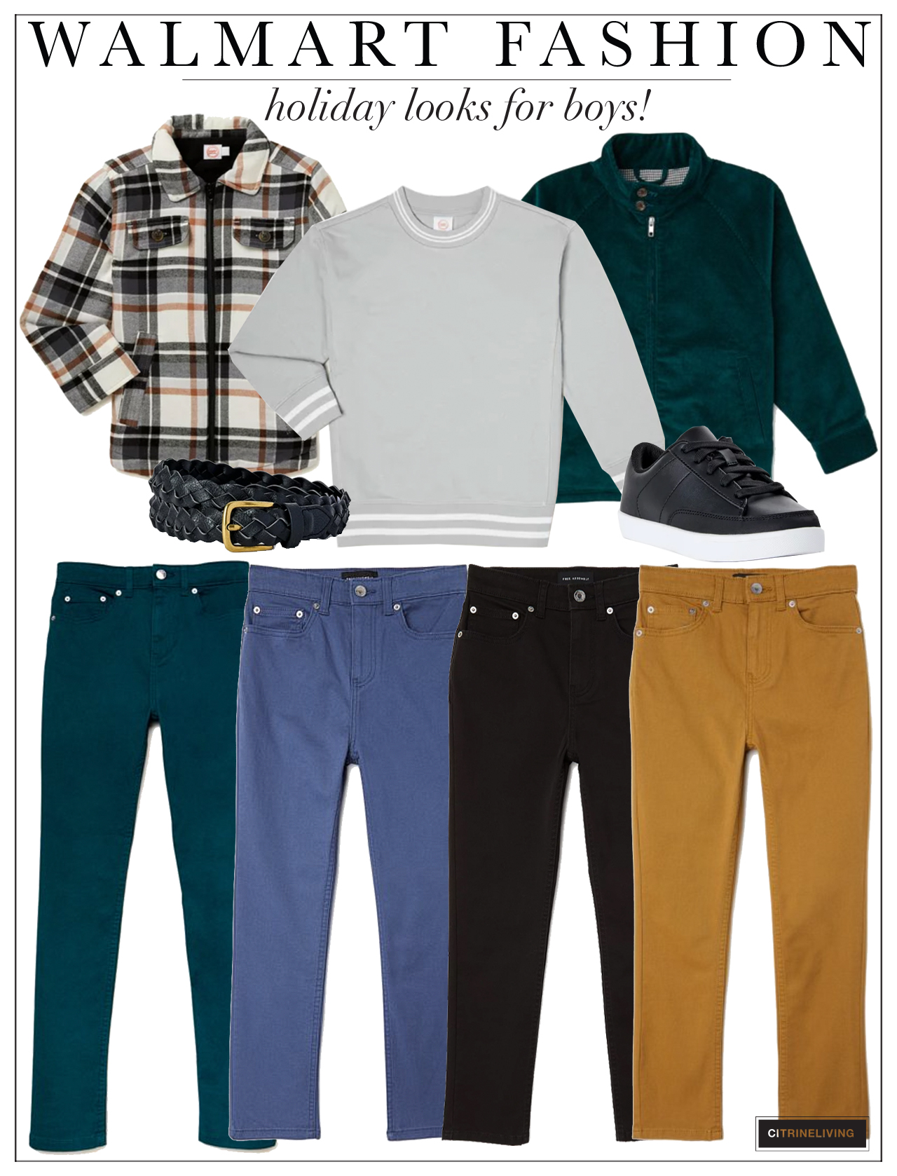 Boys fashion looks from Walmart - plaid shirt jacket, colored denim, grey sweatshirt, green jacket, black sneakers and braided belt.
