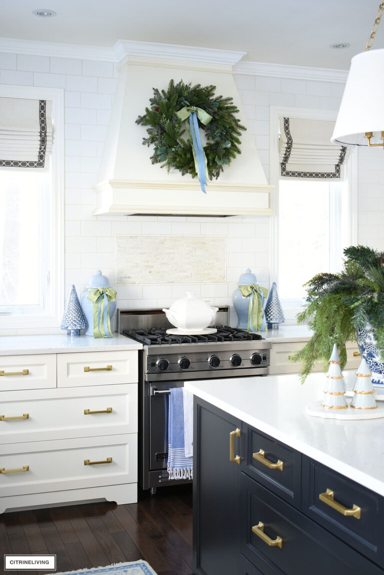 Kitchen Christmas Decorating in Blue + Green | CITRINELIVING