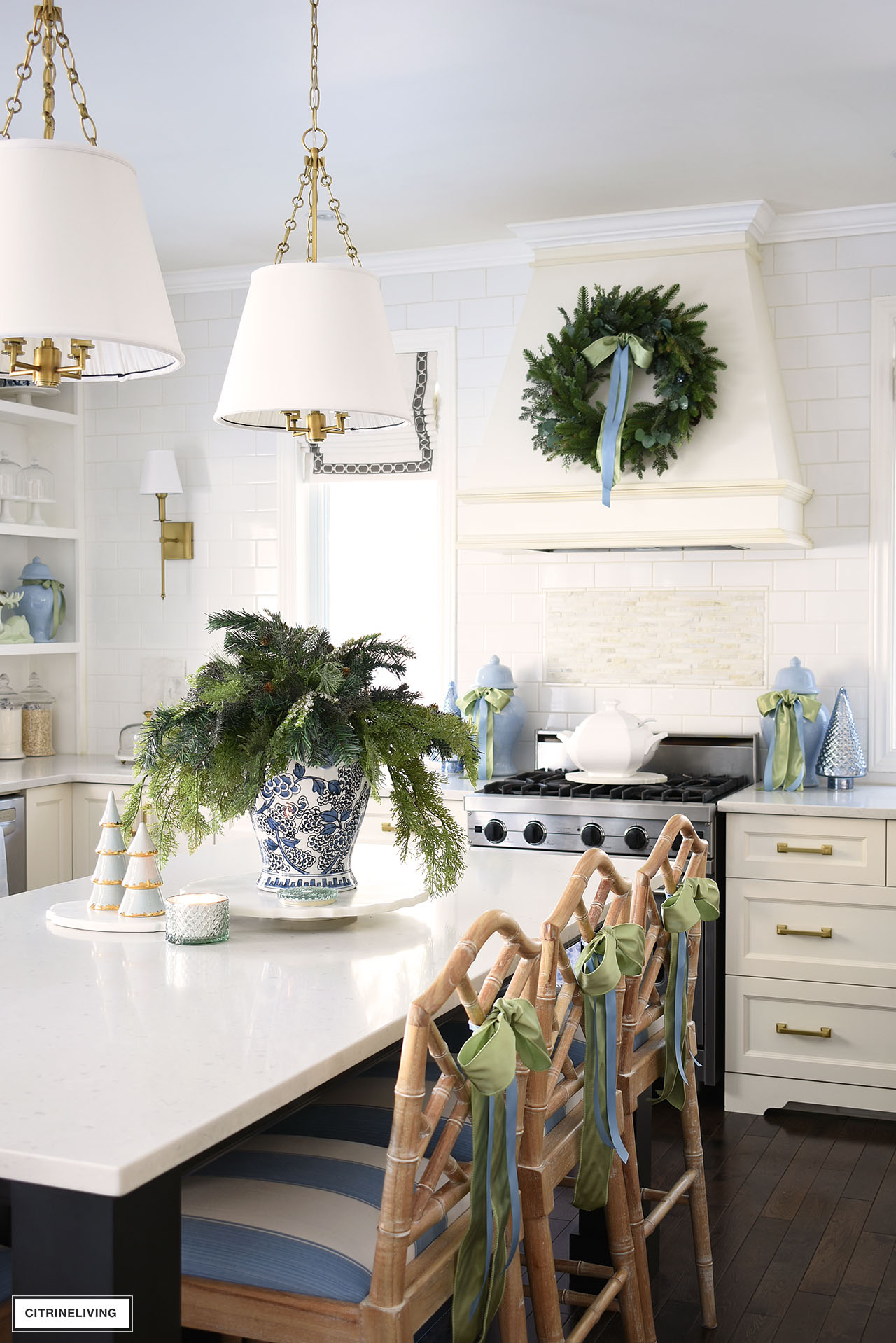 Kitchen Christmas Decorating in Blue + Green | CITRINELIVING
