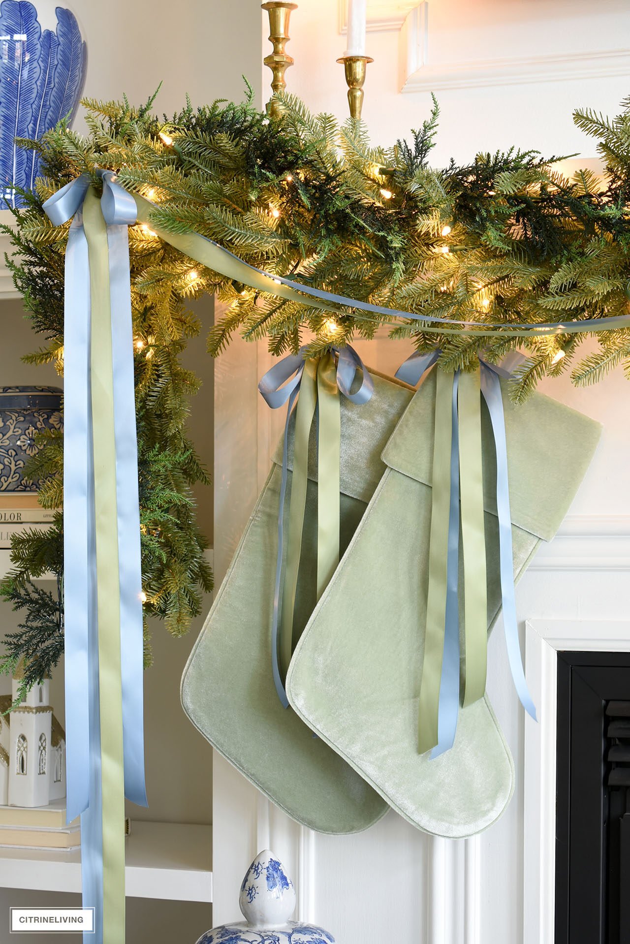 BLUE + GREEN CHRISTMAS TREE AND MANTEL