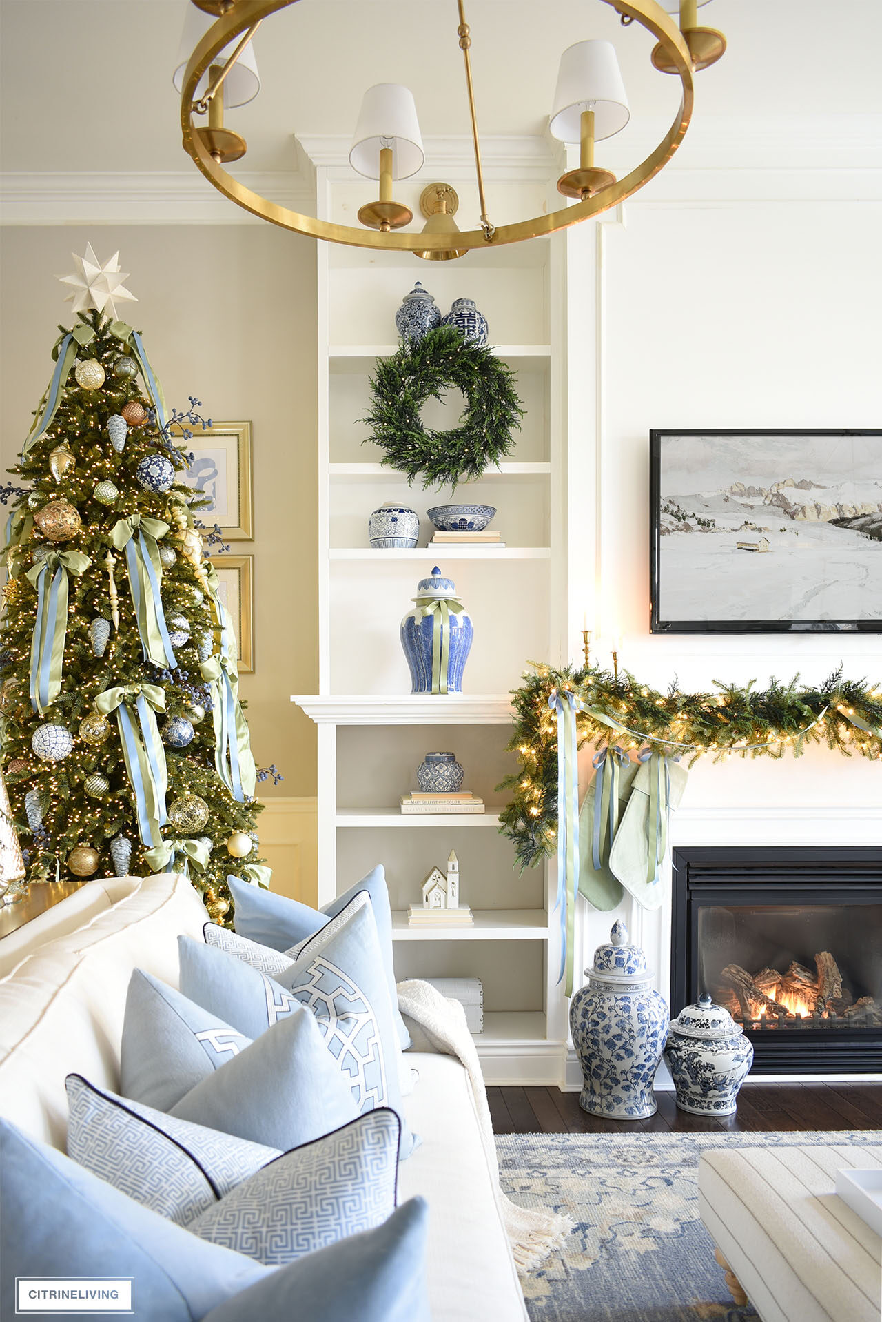 Sage Green & Gold Christmas Decor in the Family Room