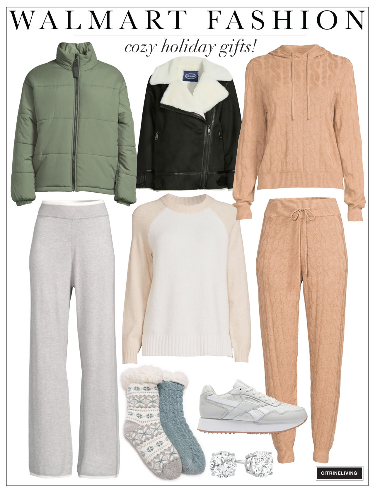 Loungewear collage featuring comfy styles for women - green puffer jacket, knit pants, sneakers, cozy socks, diamond studs, moto jacket with fur lining, cable knit joggers and hoodie.