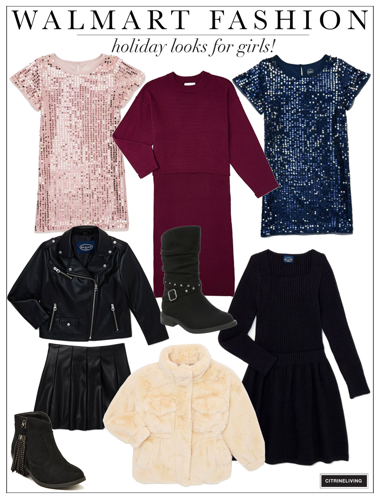 Girls fashion looks from Walmart - pink sequin short sleeve dress, navy sequin short sleeve dress, burgundy sweater dress, moto jacket, pleated faux leather skirt, faux fur jacket, black booties.