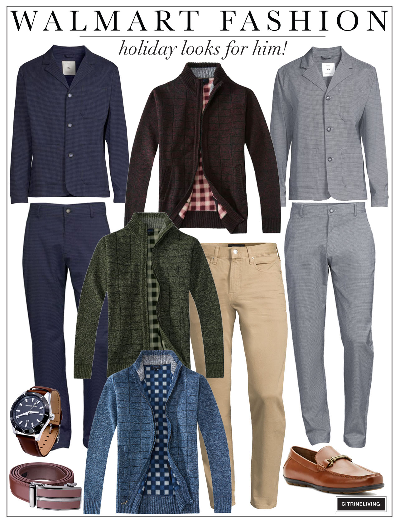 Mens fashion roundup from Wamart - grey suiting, dark blue suiting, burgundy zip cardigan, dark green zip cardigan, dark blue zip cardigan, brown loafer, brown dress belt, brown watch, casual beige slim denim.