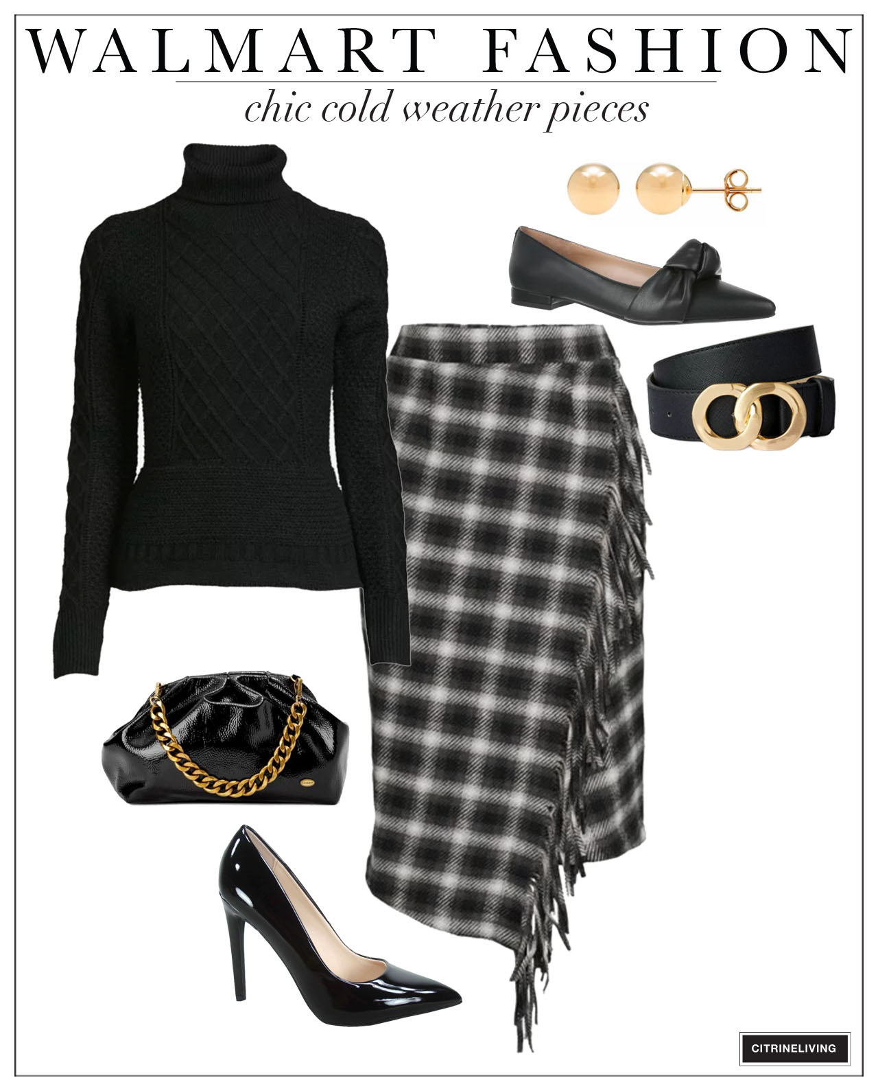 A gorgeous head to toe outfit from Walmart with a chic plaid black and white wrap skirt and black cable knit sweater. Paired with a black pump or flat for day to night dressing.