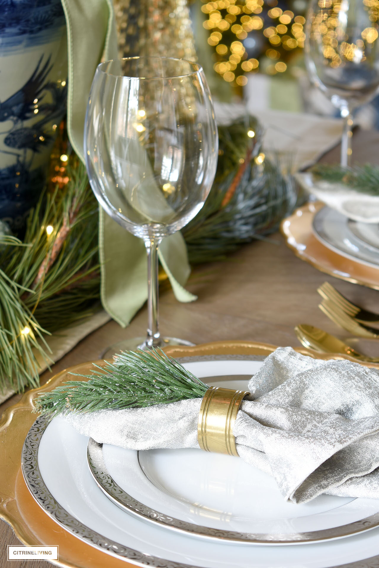 Silver and gold table setting for Christmas