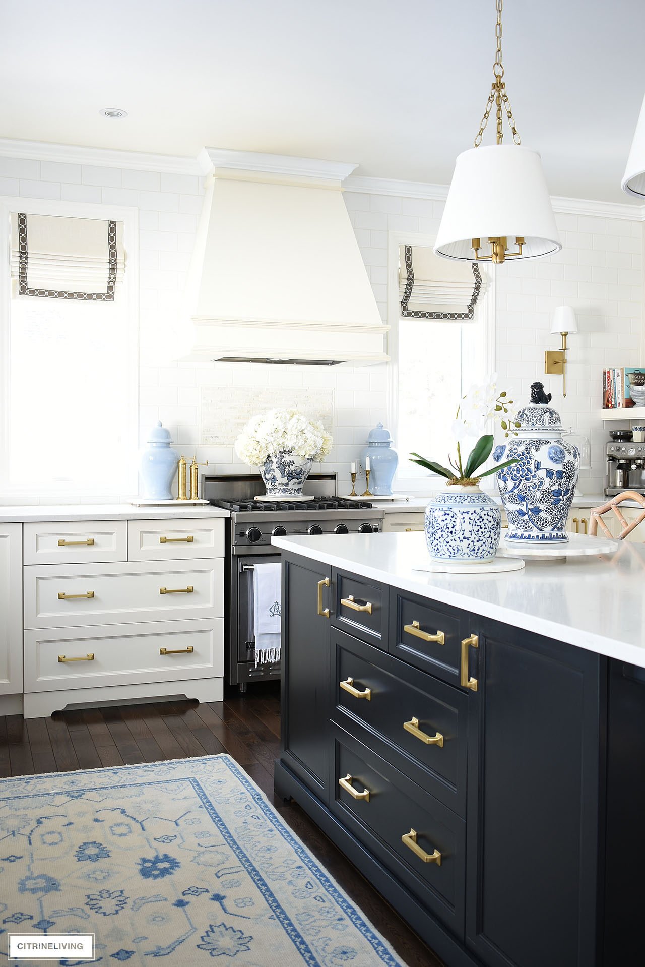 Elegant styled for spring with blue and white ginger jars, white orchids and hydrangeas.