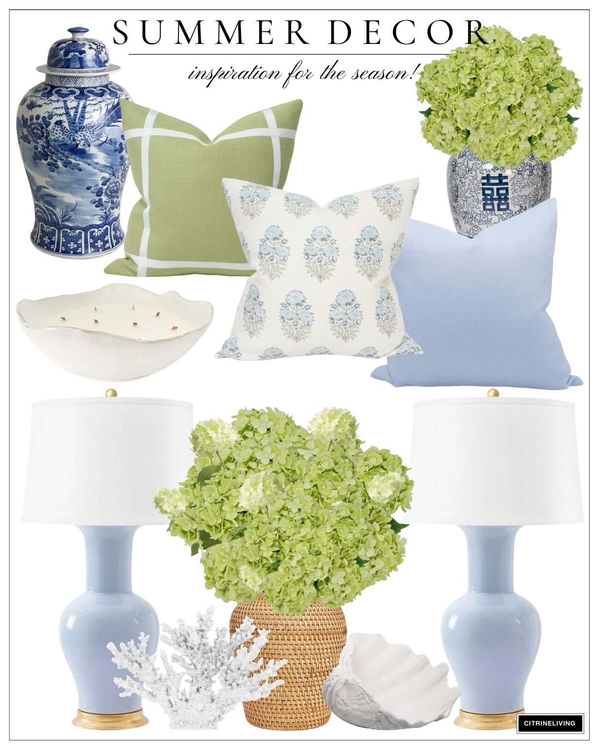 Summer home decor inspiration in hues of blues and greens