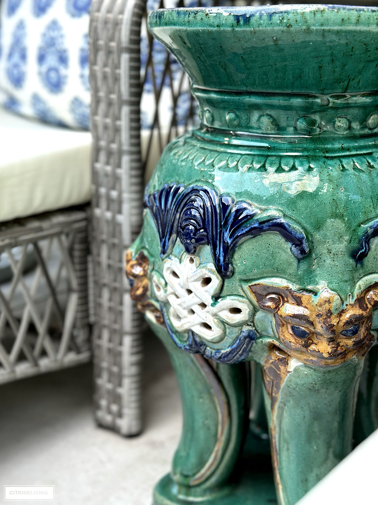Green and blue chinoiserie garden stool.