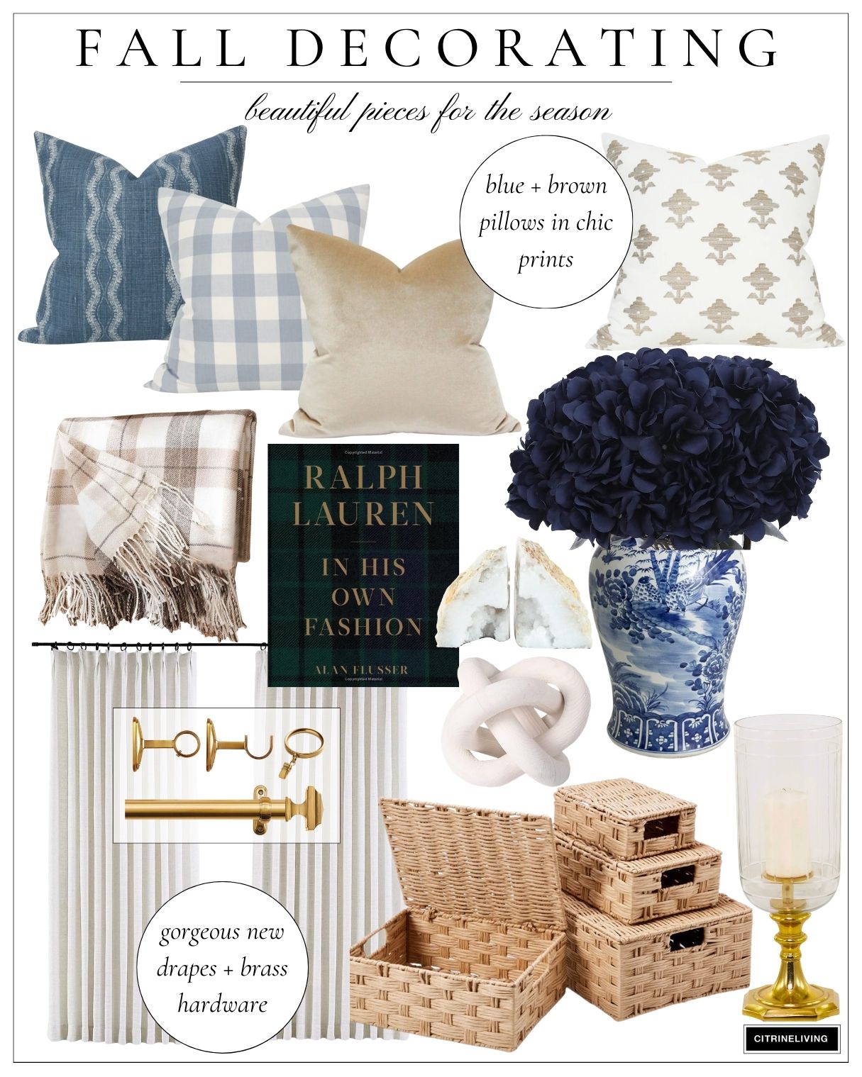 Fall home decor acceesories in shades of blue, brown, ivory, and gold