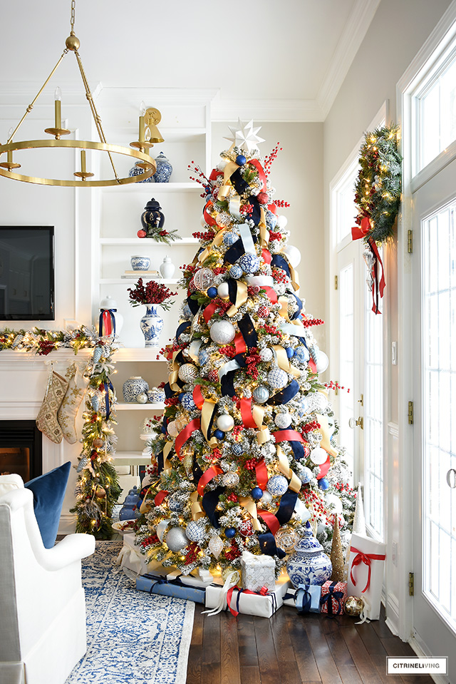 Elegant and sophisticated, this blue and red Christmas tree is a gorgeous take on holiday decorating.