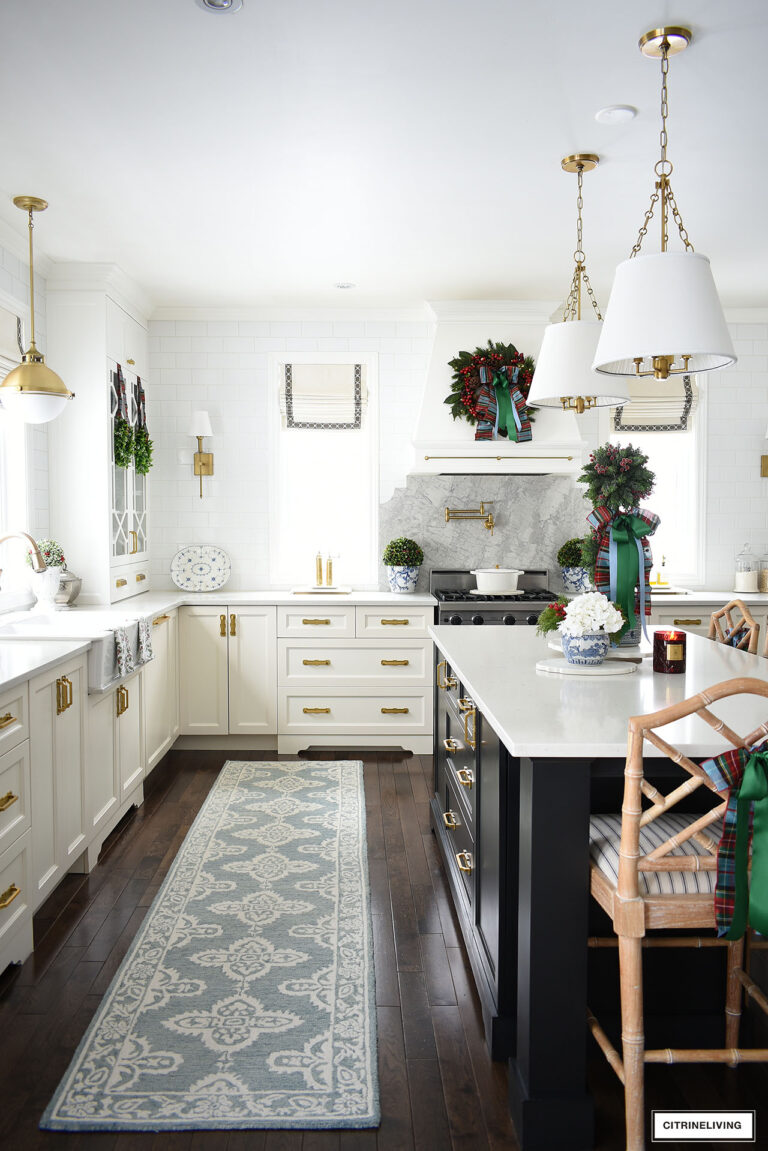 OUR KITCHEN DECORATED FOR CHRISTMAS: GORGEOUS GREENERY, PLAID + CHINOISRIE