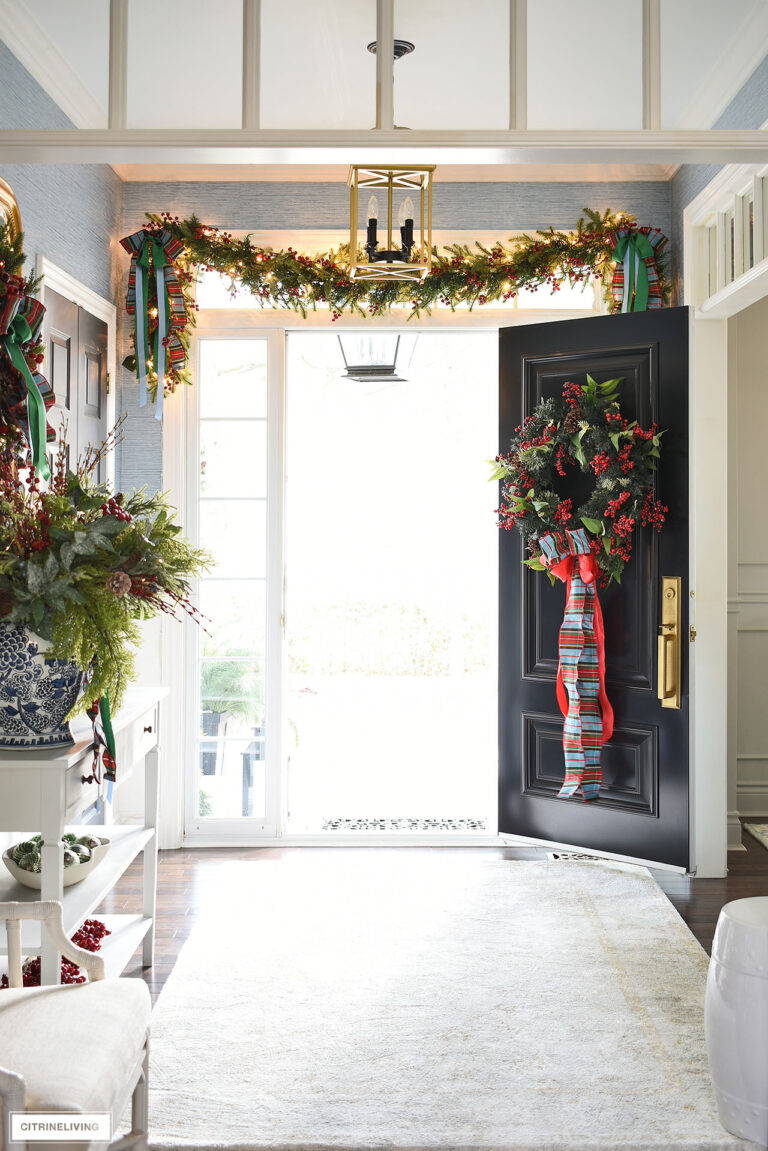 OUR ENTRYWAY CHRISTMAS DECOR: A TRADITIONAL HOLIDAY LOOK IN RED, BLUE + GREEN