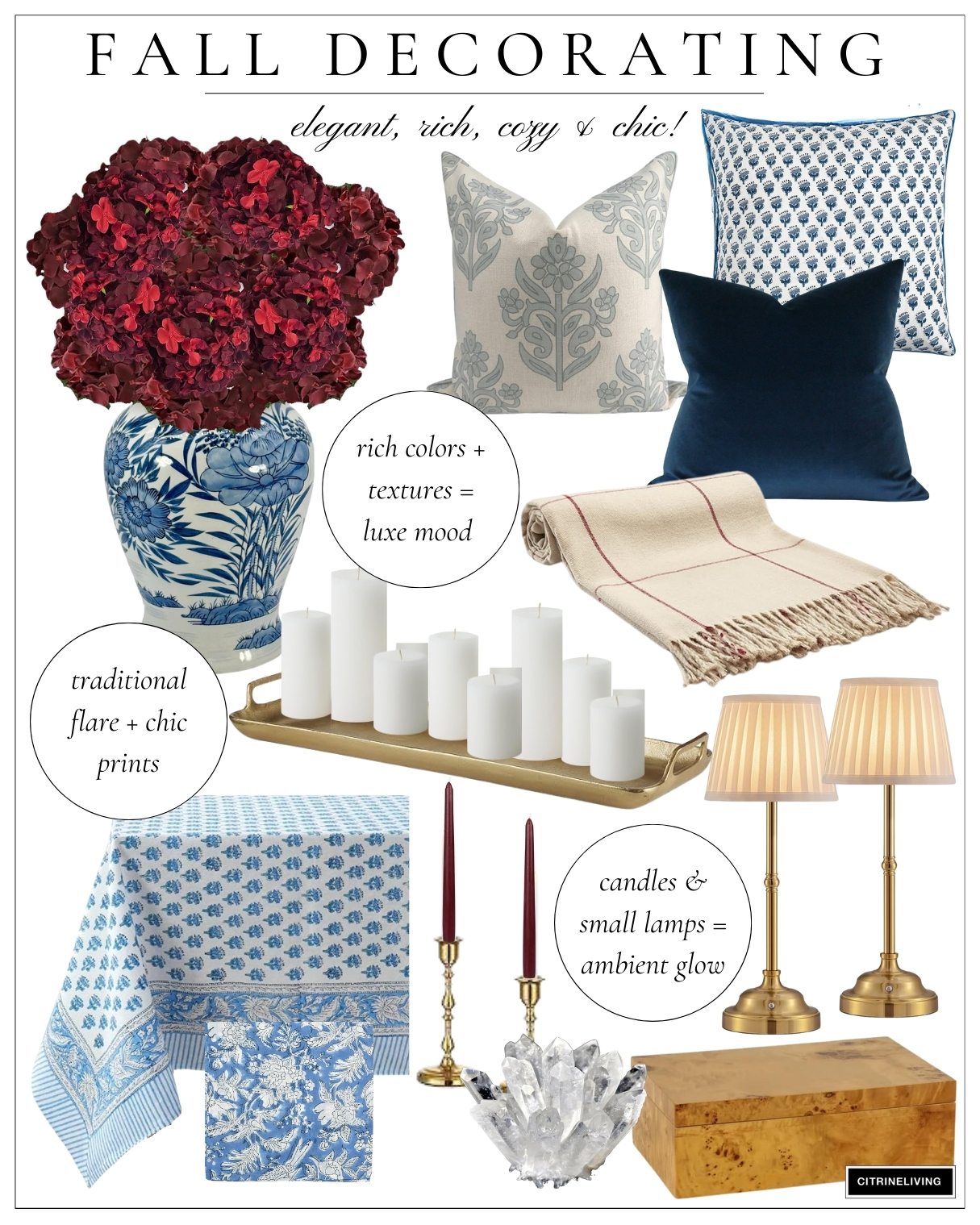 Chic fall decor inspiration - burgundy florals, blue and white chinoiserie, block print textiles, wood, velvet and gold. 