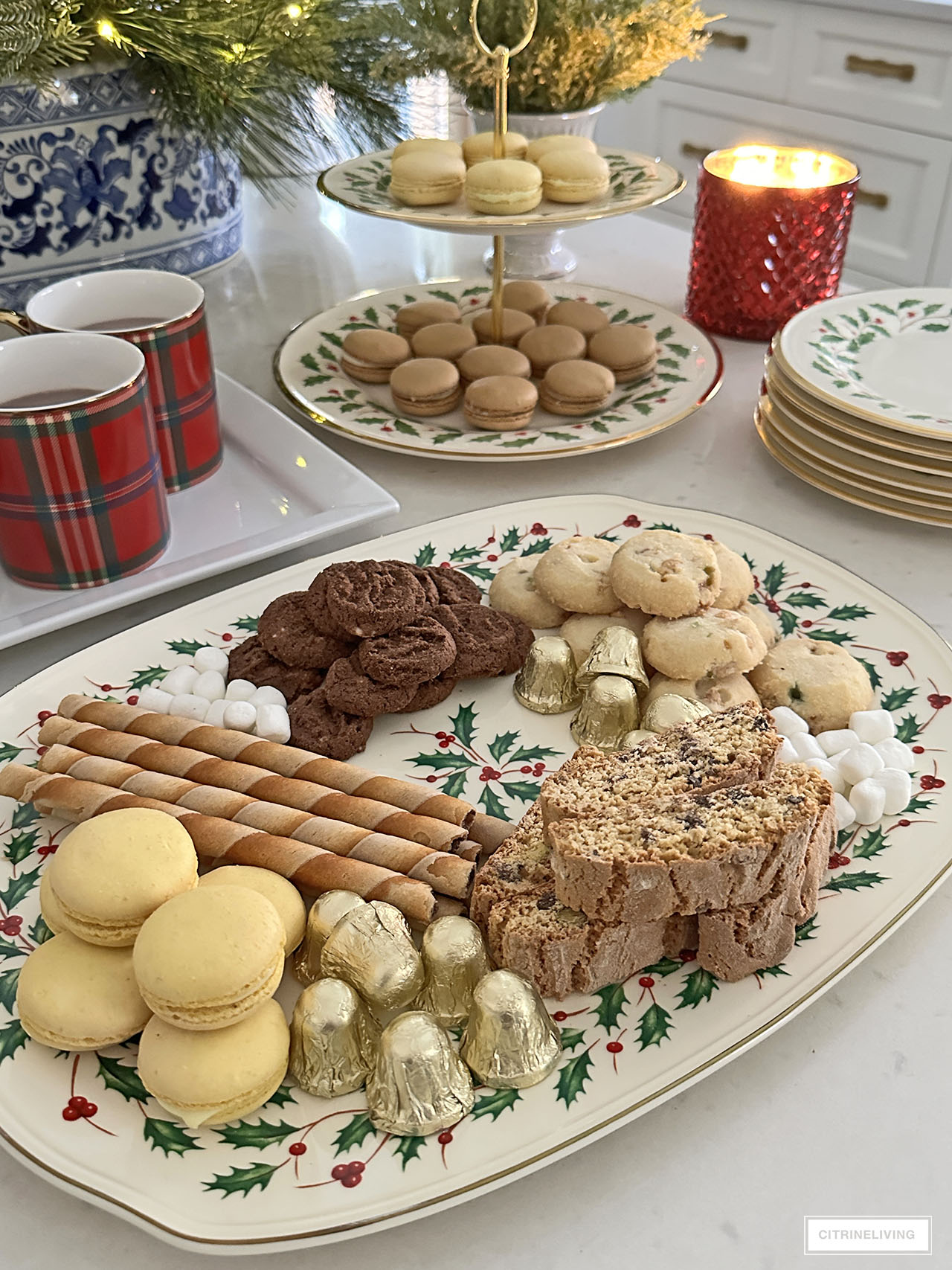 Holiday desserts and cocoa on holiday dishes