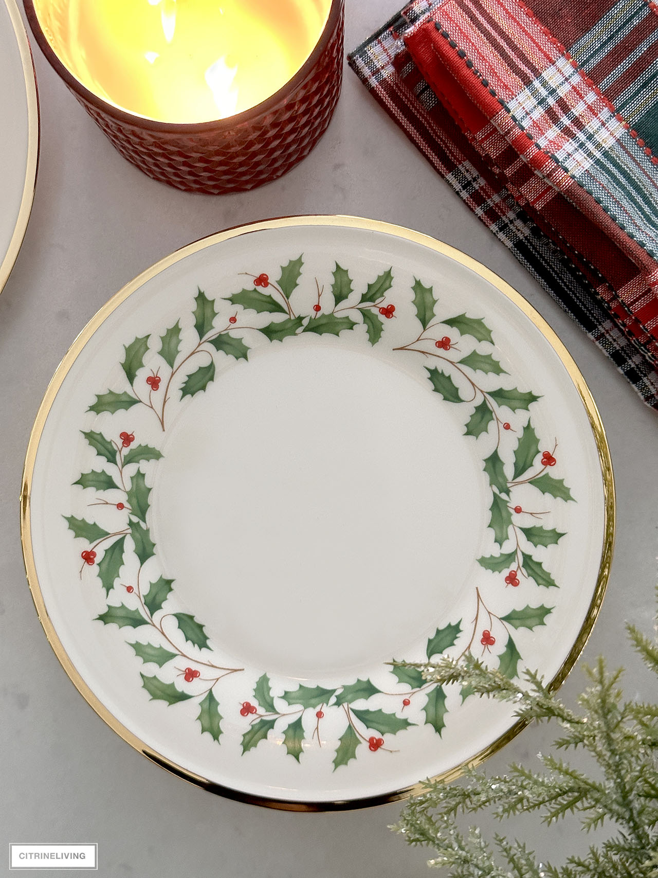 Christmas plates with holly and berry motif