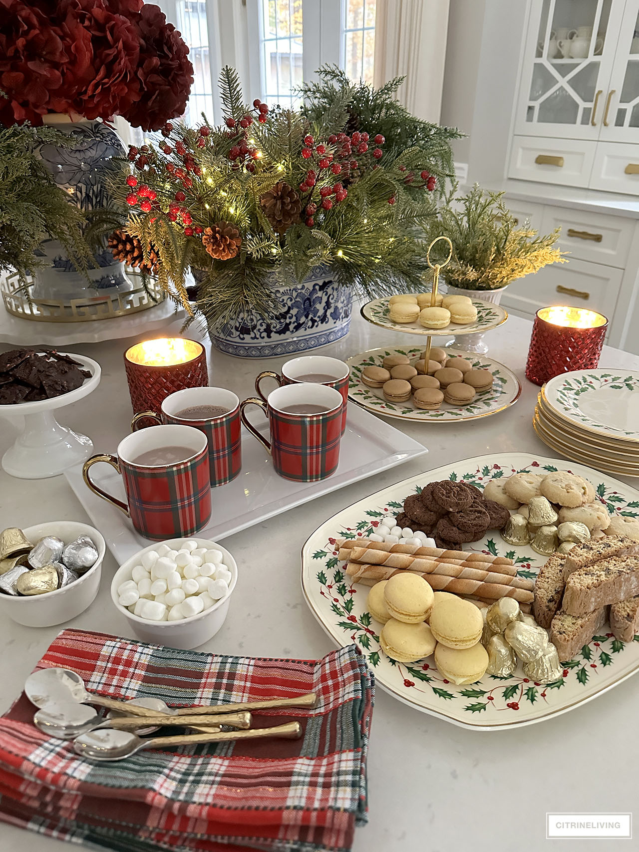 Christmas themed cocoa and dessert table