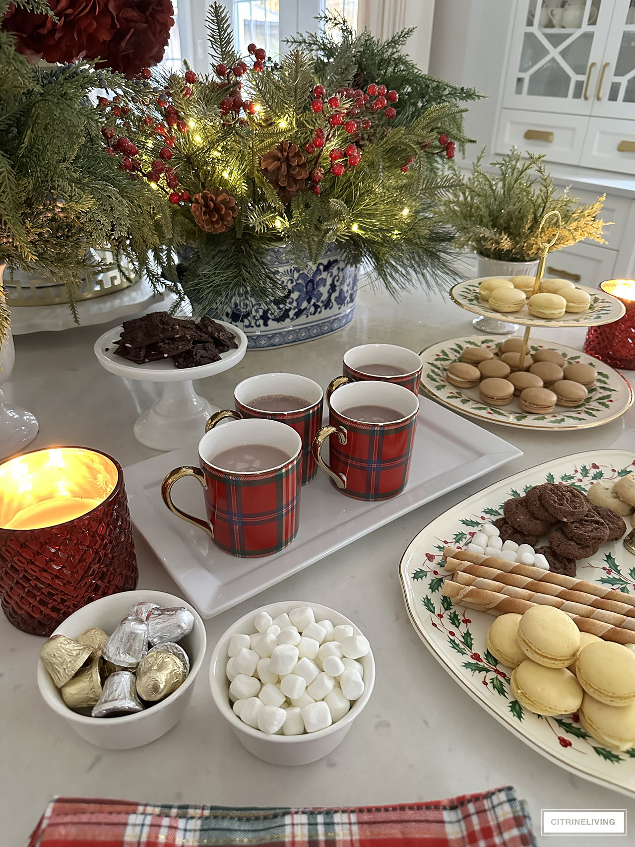 Christmas themed cocoa and dessert table