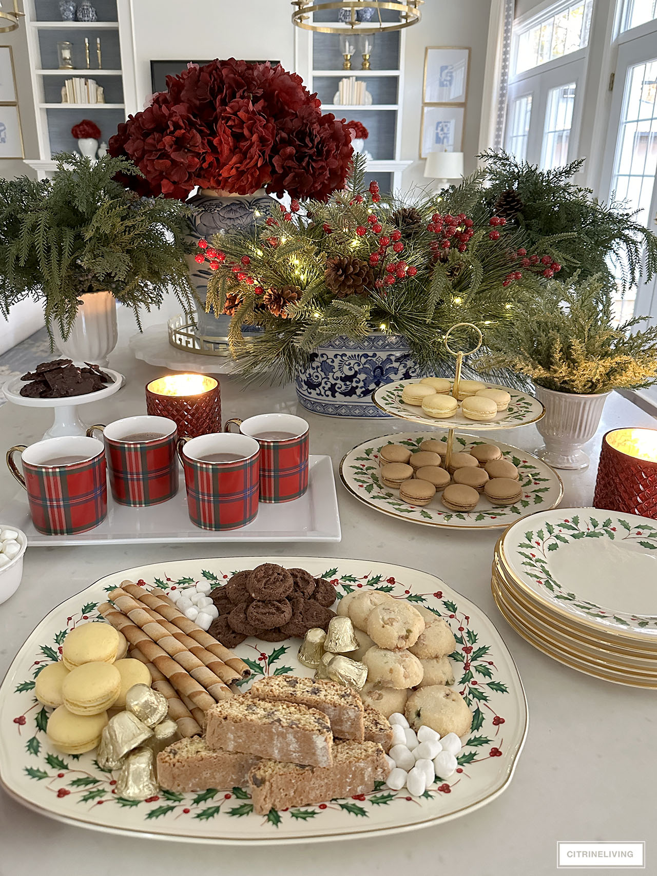 Christmas themed cocoa and dessert table