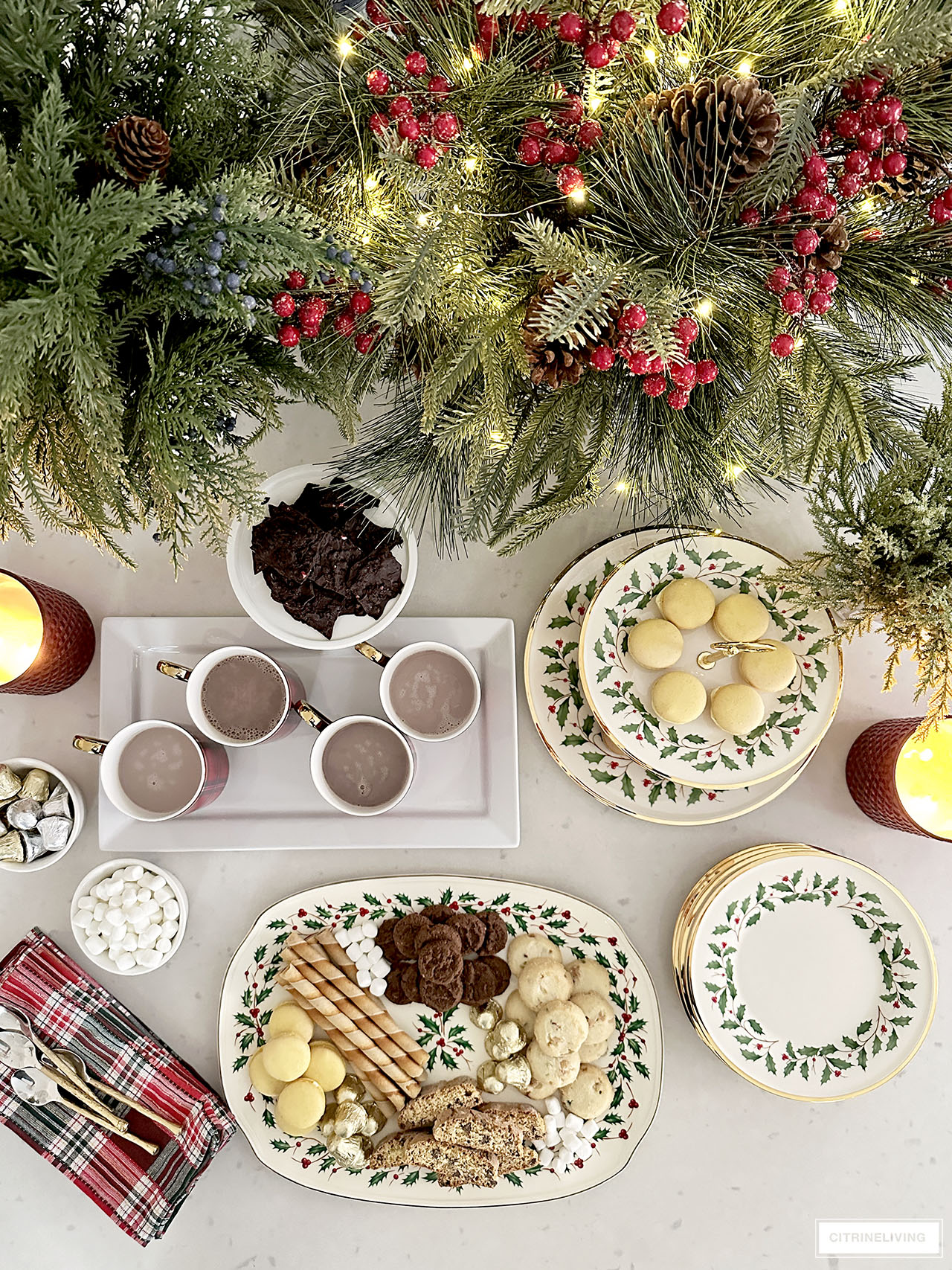 Christmas dishware with holly and berry motif