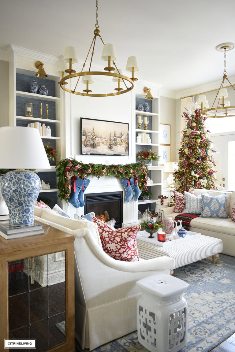 OUR TRADITIONAL CHRISTMAS LIVING ROOM: RED, BLUE, PLAID & CHINOISERIE