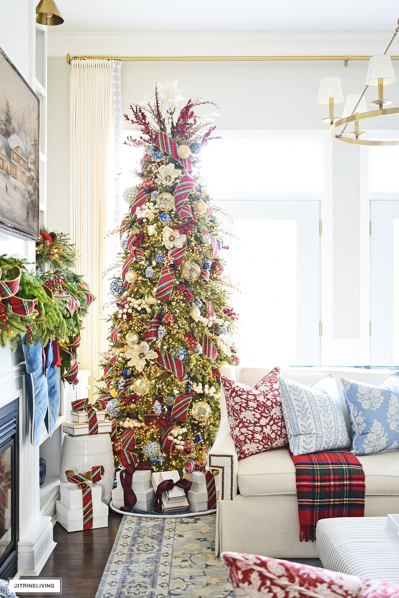 Christmas tree in red, blue and white