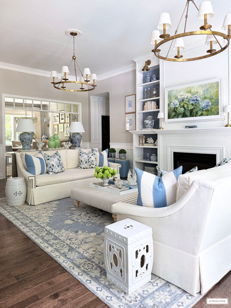 living room decorated for summer with blue and green accents