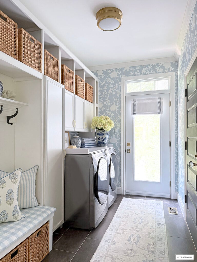 OUR CHIC LAUNDRY ROOM UPDATE: CHINOISERIE WALLPAPER, A NEW SHADE, RUG AND TEXTILES!