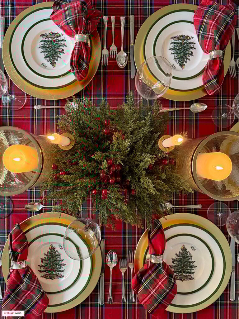 CHRISTMAS TABLESCAPE DRESSED IN CLASSIC RED TARTAN, NOSTALGIC DISHWARE AND FESTIVE TOUCHES