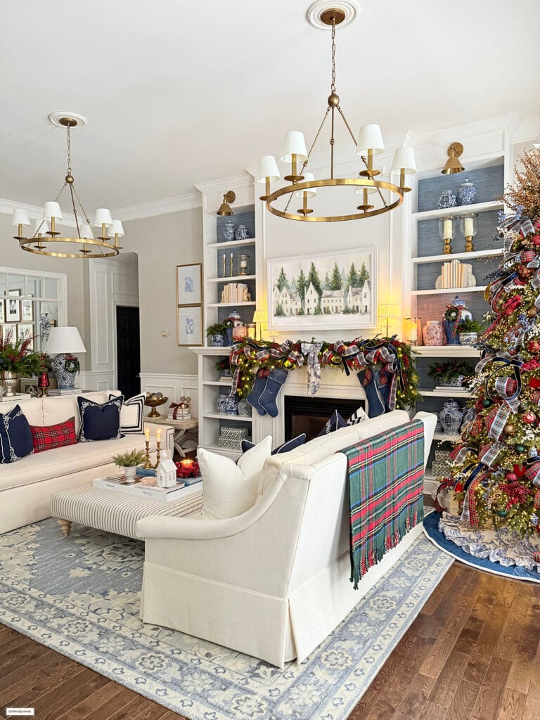 CLASSIC CHRISTMAS DECORATING IN OUR LIVING ROOM: LUSH GREENERY, LAYERED PLAID, CHINOISERIE, ELEGANT TOILE AND LUXE VELVET