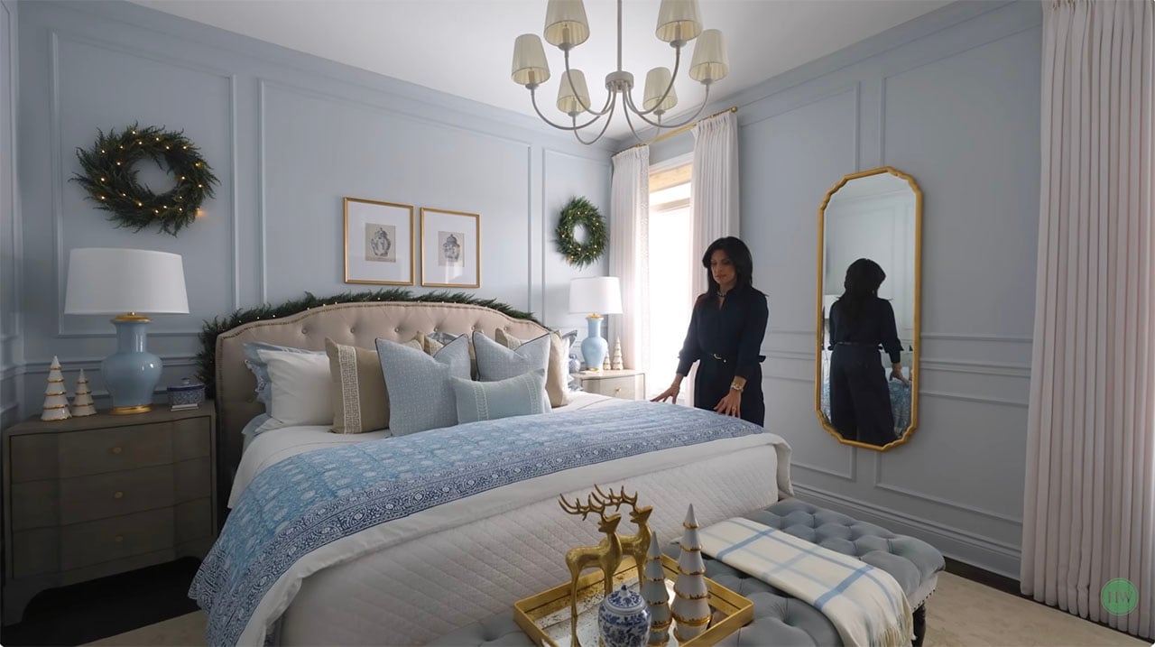 Bedroom decorated for winter or Christmas with simple greenery